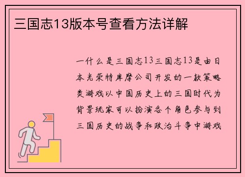 三国志13版本号查看方法详解