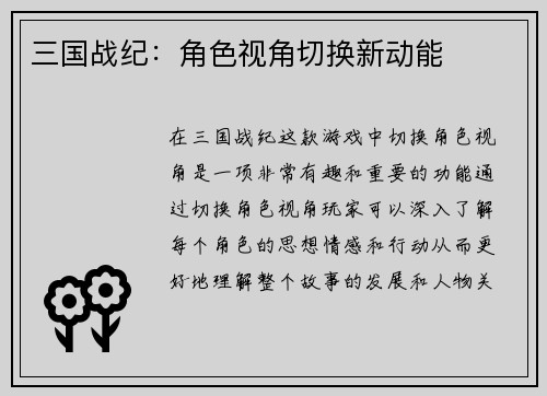 三国战纪：角色视角切换新动能